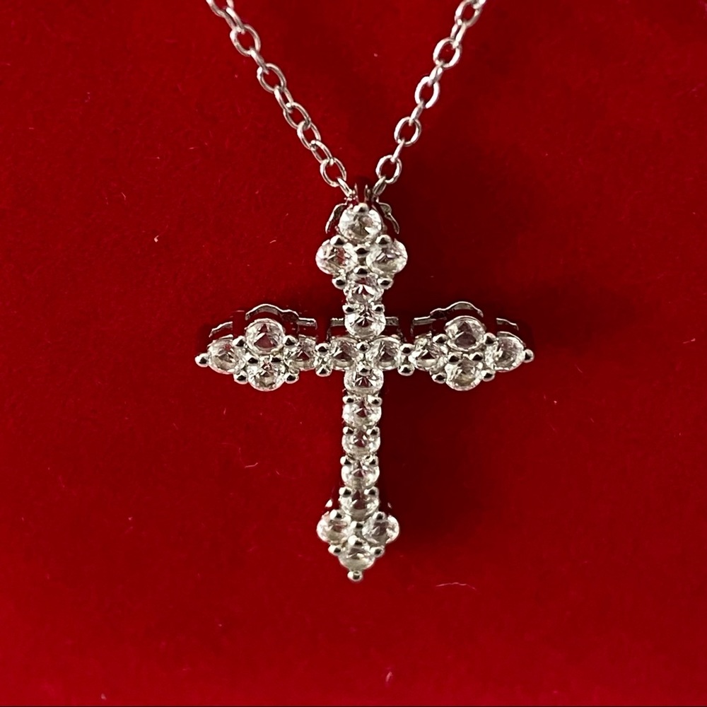 14k white gold  over 925 white lab sapphires Cross necklace - Picture 12 of 16